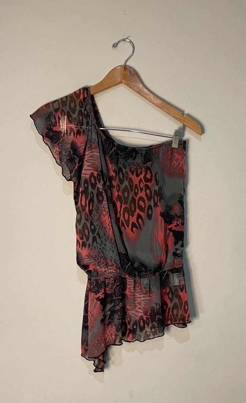 Vintage Y2K One-Shoulder Leopard Animal Print Chiffon Smocked Waist Blouse